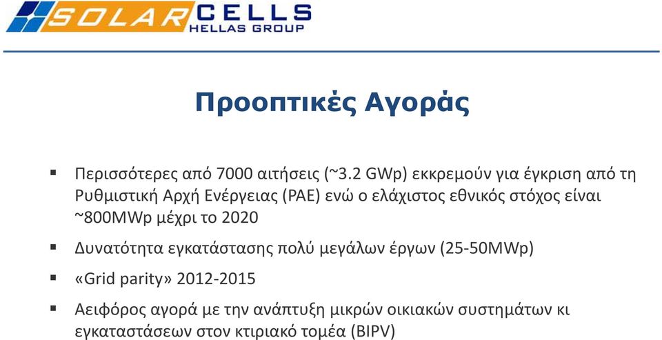 εθνικός στόχος είναι ~800MWp μέχρι το 2020 Δυνατότητα εγκατάστασης πολύ μεγάλων έργων (25