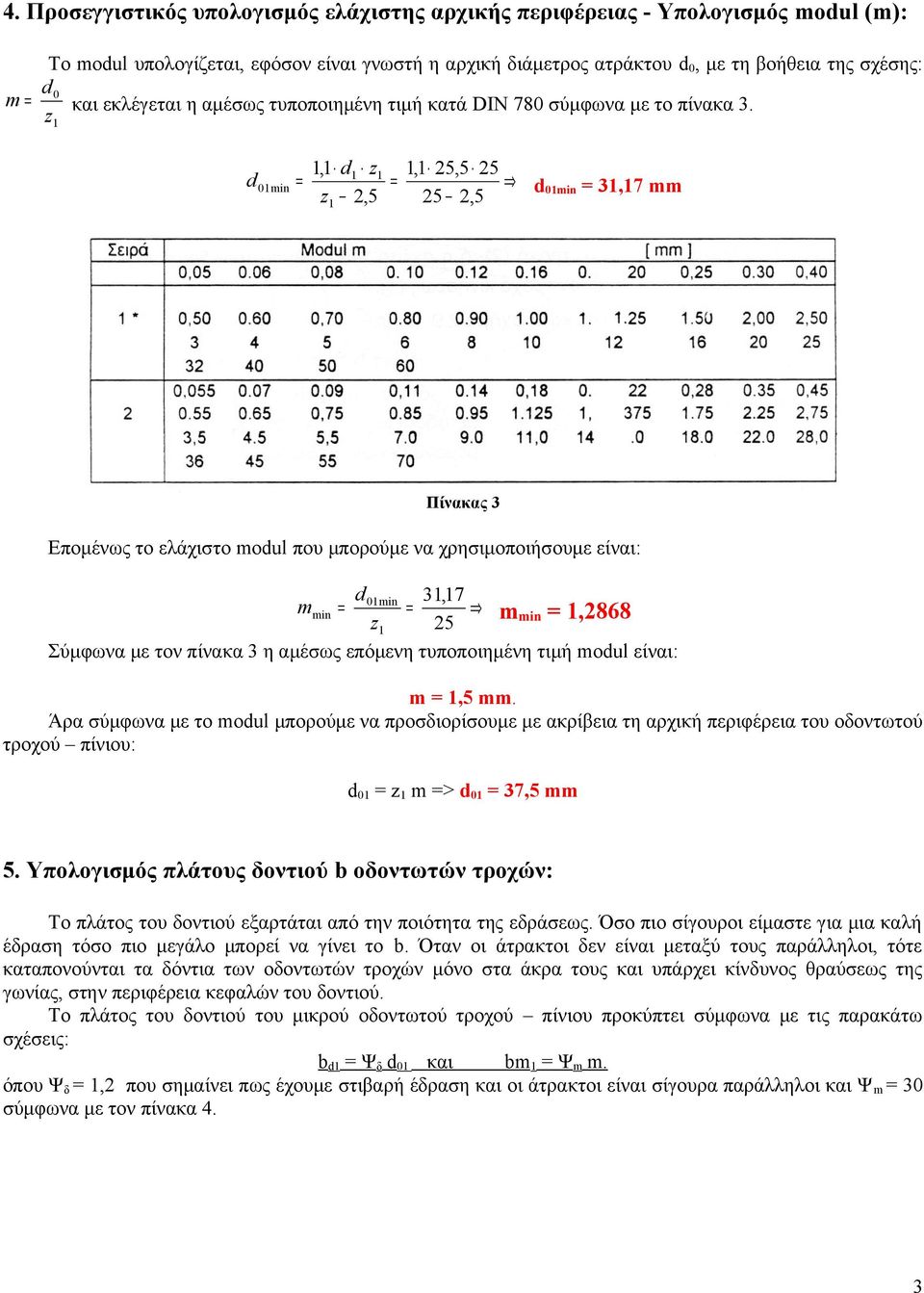 z1 d 01min 1,1 d1 z1 1,1 5,5 5 d01min 31,17 mm z1,5 5,5 Πίνακας 3 Επομένως το ελάχιτο modul που μπορούμε να χρηιμοποιήουμε είναι: d 01 min 31,17 mmin 1,868 z1 5 Σύμφωνα με τον πίνακα 3 η αμέως