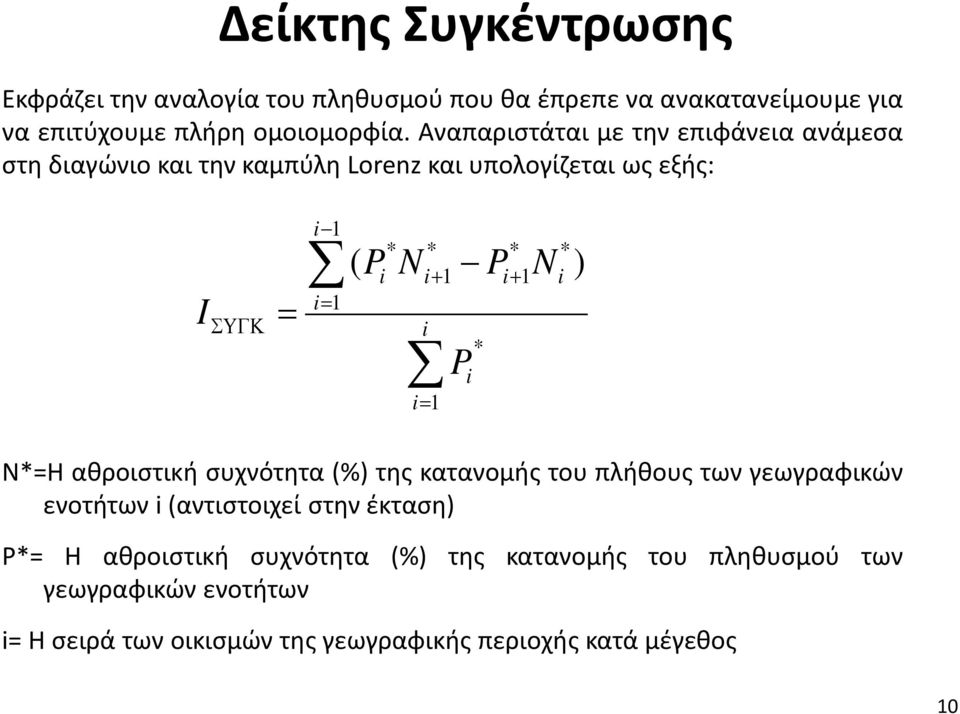 i= 1 P * i P * i+ 1 N * i ) Ν*=Η αθροιστική συχνότητα (%) της κατανομής του πλήθους των γεωγραφικών ενοτήτων i (αντιστοιχεί στην έκταση)