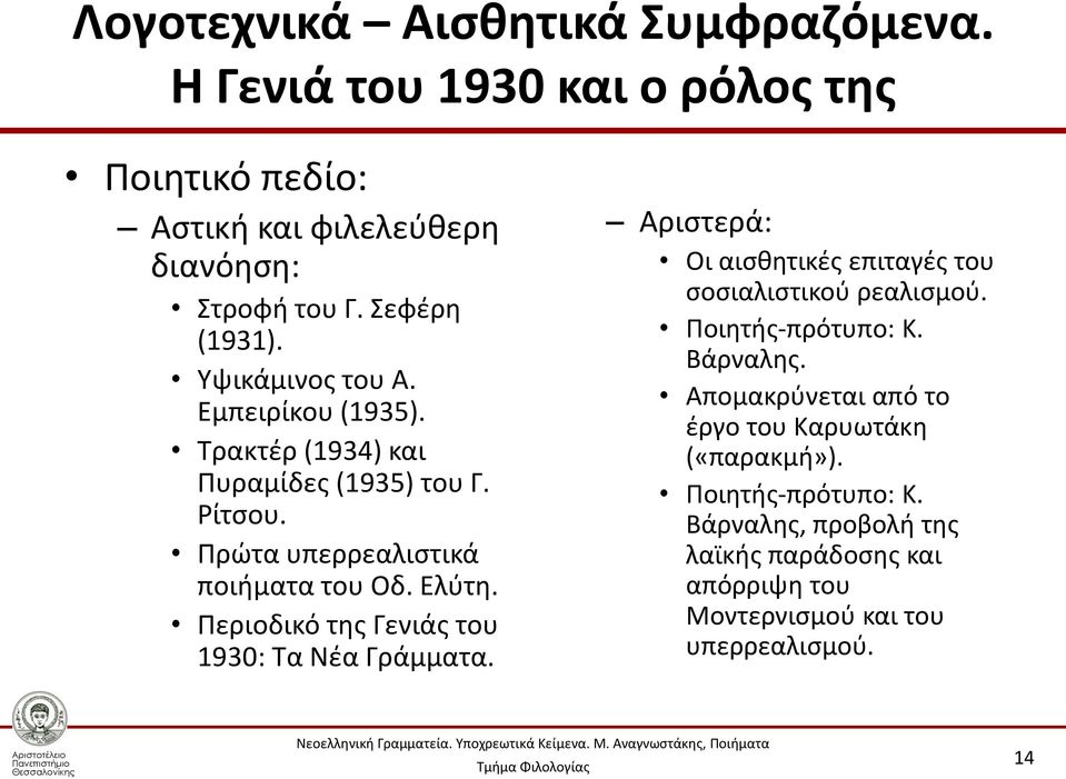 Περιοδικό της Γενιάς του 1930: Τα Νέα Γράμματα. Αριστερά: Οι αισθητικές επιταγές του σοσιαλιστικού ρεαλισμού. Ποιητής-πρότυπο: Κ. Βάρναλης.