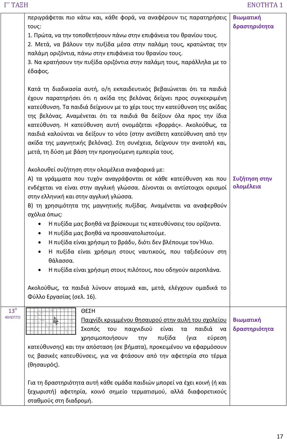 δραστηριότητα Κατά τη διαδικασία αυτή, ο/η εκπαιδευτικός βεβαιώνεται ότι τα παιδιά έχουν παρατηρήσει ότι η ακίδα της βελόνας δείχνει προς συγκεκριμένη κατεύθυνση.