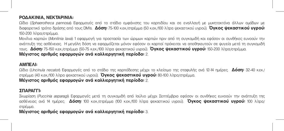 Μονίλια καρπών (Monilinia laxa): 1 εφαρμογή για προστασία των ώριμων καρπών πριν από τη συγκομιδή και εφόσον οι συνθήκες ευνοούν την ανάπτυξη της ασθένειας.