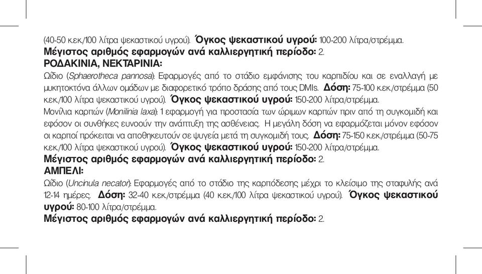Δόση: 75-100 κ.εκ./στρέμμα (50 κ.εκ./100 λίτρα ψεκαστικού υγρού). Όγκος ψεκαστικού υγρού: 150-200 λίτρα/στρέμμα.
