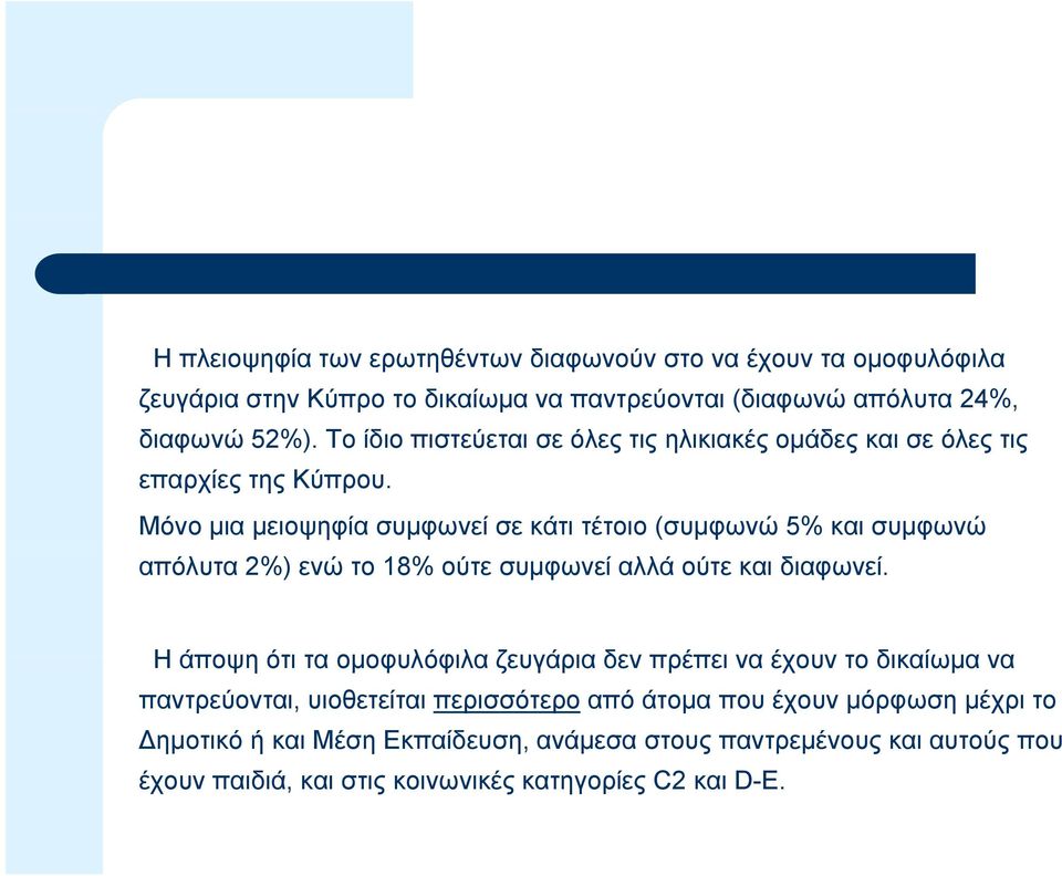 Μόνο μια μειοψηφία συμφωνεί σε κάτι τέτοιο (συμφωνώ 5% και συμφωνώ απόλυτα 2%) ενώ το 18% ούτε συμφωνεί αλλά ούτε και διαφωνεί.