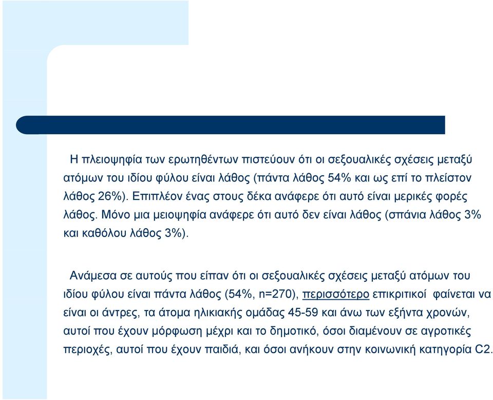 Ανάμεσα σε αυτούς που είπαν ότι οι σεξουαλικές σχέσεις μεταξύ ατόμων του ιδίου φύλου είναι πάντα λάθος (54%, n=270), περισσότερο ρ επικριτικοί φαίνεται να είναι οι άντρες, τα