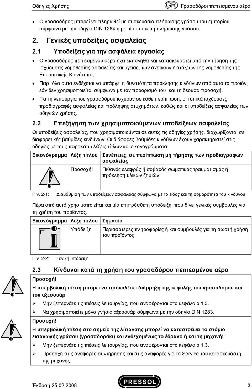 1 Υποδείξεις για την ασφάλεια εργασίας Ο γρασαδόρος πεπιεσμένου αέρα έχει εκπονηθεί και κατασκευαστεί υπό την τήρηση της ισχύουσας νομοθεσίας ασφαλείας και υγείας, των σχετικών διατάξεων της