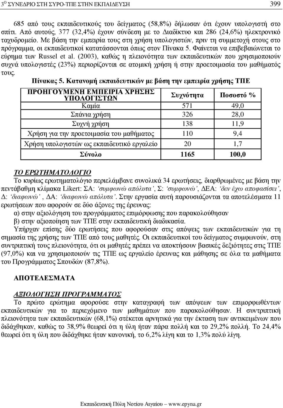 Με βάση την εμπειρία τους στη χρήση υπολογιστών, πριν τη συμμετοχή στους στο πρόγραμμα, οι εκπαιδευτικοί κατατάσσονται όπως στον Πίνακα 5. Φαίνεται να επιβεβαιώνεται το εύρημα των Russel et al.