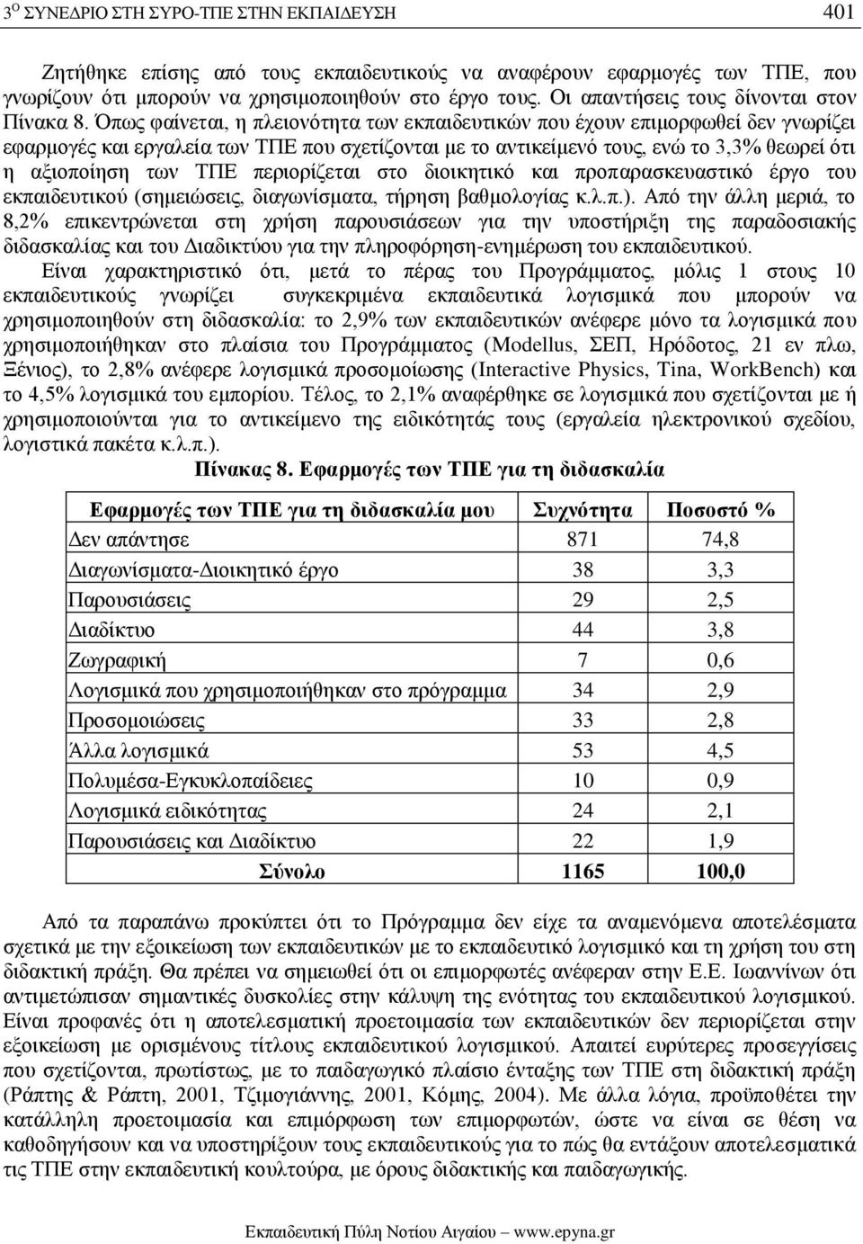Όπως φαίνεται, η πλειονότητα των εκπαιδευτικών που έχουν επιμορφωθεί δεν γνωρίζει εφαρμογές και εργαλεία των ΤΠΕ που σχετίζονται με το αντικείμενό τους, ενώ το 3,3% θεωρεί ότι η αξιοποίηση των ΤΠΕ