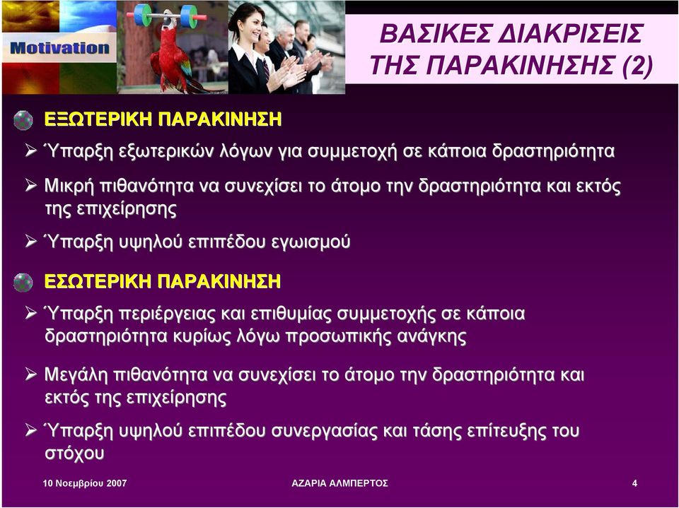 Ύπαρξη περιέργειας και επιθυµίας συµµετοχής σε κάποια δραστηριότητα κυρίως λόγω προσωπικής ανάγκης Μεγάλη πιθανότητα να συνεχίσει το