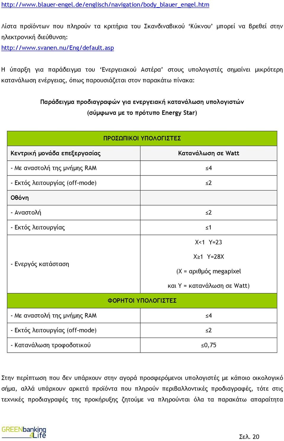 asp Η ύπαρξη για παράδειγµα του Ενεργειακού Αστέρα στους υπολογιστές σηµαίνει µικρότερη κατανάλωση ενέργειας, όπως παρουσιάζεται στον παρακάτω πίνακα: Παράδειγµα προδιαγραφών για ενεργειακή