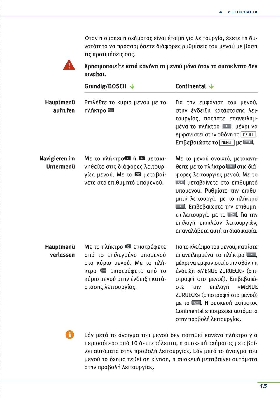Grundig/BOSCH Continental Hauptmenü aufrufen Navigieren im Untermenü Hauptmenü verlassen Επιλέξτε το κύριο μενού με το πλήκτρο. Με το πλήκτρο ή μετακινηθείτε στις διάφορες λειτουργίες μενού.