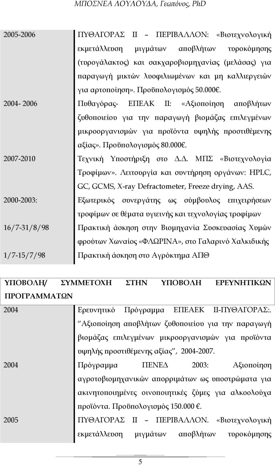 Προϋ ολογισµός 80.000. 2007-2010 Τεχνική Υ οστήριξη στο.. ΜΠΣ «Βιοτεχνολογία Τροφίµων». Λειτουργία και συντήρηση οργάνων: HPLC, GC, GCMS, X-ray Defractometer, Freeze drying, AAS.