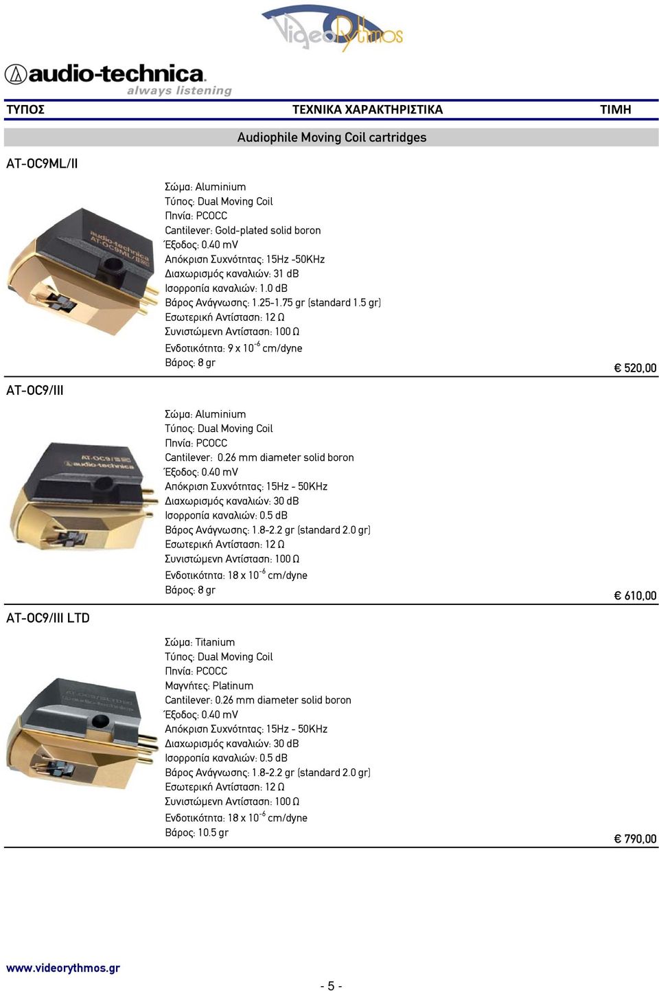 5 gr) Εσωτερική Αντίσταση: 12 Ω Ενδοτικότητα: 9 x 10-6 cm/dyne Βάρος: 8 gr Σώμα: Aluminium Τύπος: Dual Moving Coil Cantilever: 0.26 mm diameter solid boron Έξοδος: 0.40 mv Ισορροπία καναλιών: 0.