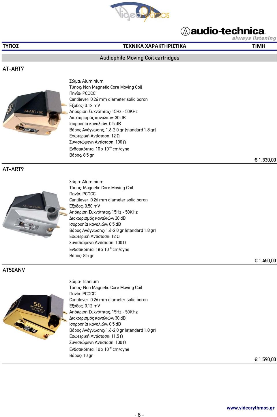 26 mm diameter solid boron Έξοδος: 0.50 mv Ισορροπία καναλιών: 0.5 db Βάρος Ανάγνωσης: 1.6-2.0 gr (standard 1.8 gr) Εσωτερική Αντίσταση: 12 Ω Ενδοτικότητα: 18 x 10-6 cm/dyne Βάρος: 8.