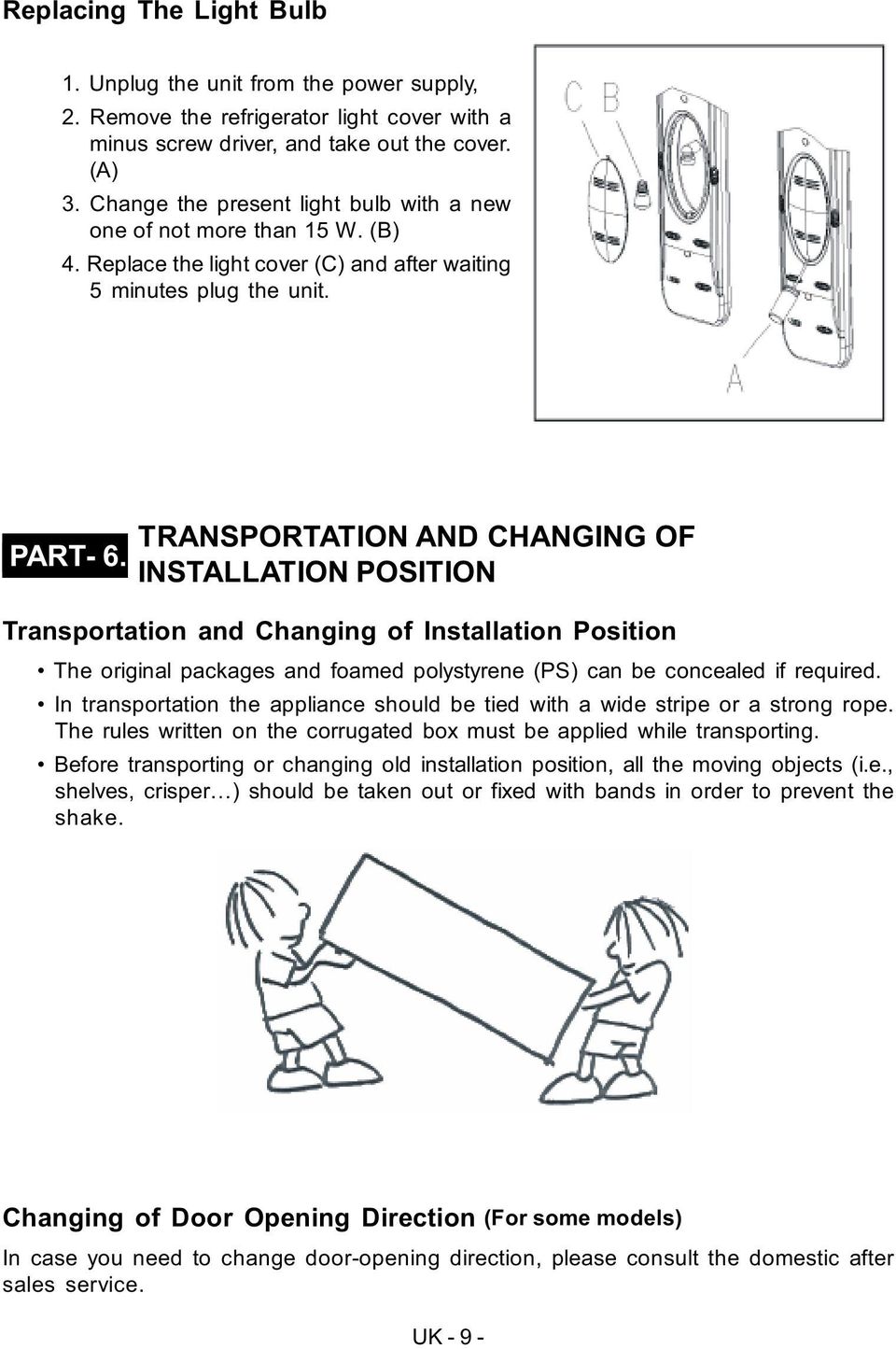 TRANSPORTATION AND CHANGING OF INSTALLATION POSITION Transportation and Changing of Installation Position The original packages and foamed polystyrene (PS) can be concealed if required.