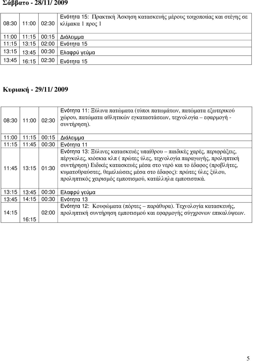 11:15 11:45 00:30 Ενότητα 11 Ενότητα 13: Ξύλινες κατασκευές υπαίθρου παιδικές χαρές, περιφράξεις, πέργκολες, κιόσκια κλπ ( πρώτες ύλες, τεχνολογία παραγωγής, προληπτική συντήρηση) Ειδικές κατασκευές