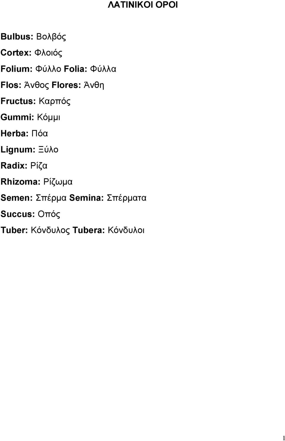 Κόμμι Herba: Πόα Lignum: Ξύλο Radix: Ρίζα Rhizoma: Ρίζωμα