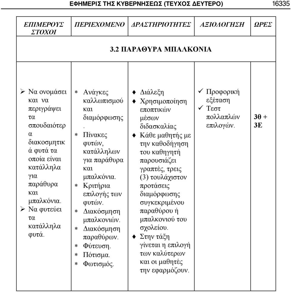 Ανάγκες καλλωπισμού και διαμόρφωσης. Πίνακες φυτών, κατάλληλων για παράθυρα και μπαλκόνια. Κριτήρια επιλογής των φυτών. Διακόσμηση μπαλκονιών. Διακόσμηση παραθύρων. Φύτευση. Πότισμα. Φωτισμός.