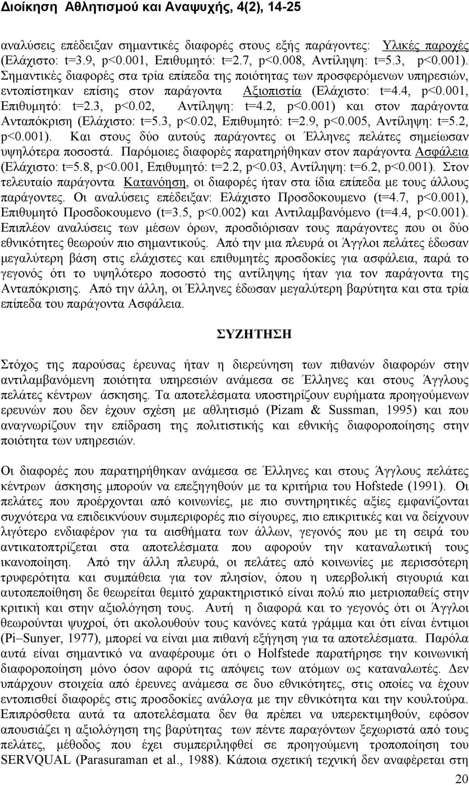 001) και στον παράγοντα Ανταπόκριση (Ελάχιστο: t=5.3, p<0.02, Επιθυμητό: t=2.9, p<0.005, Αντίληψη: t=5.2, p<0.001). Και στους δύο αυτούς παράγοντες οι Έλληνες πελάτες σημείωσαν υψηλότερα ποσοστά.