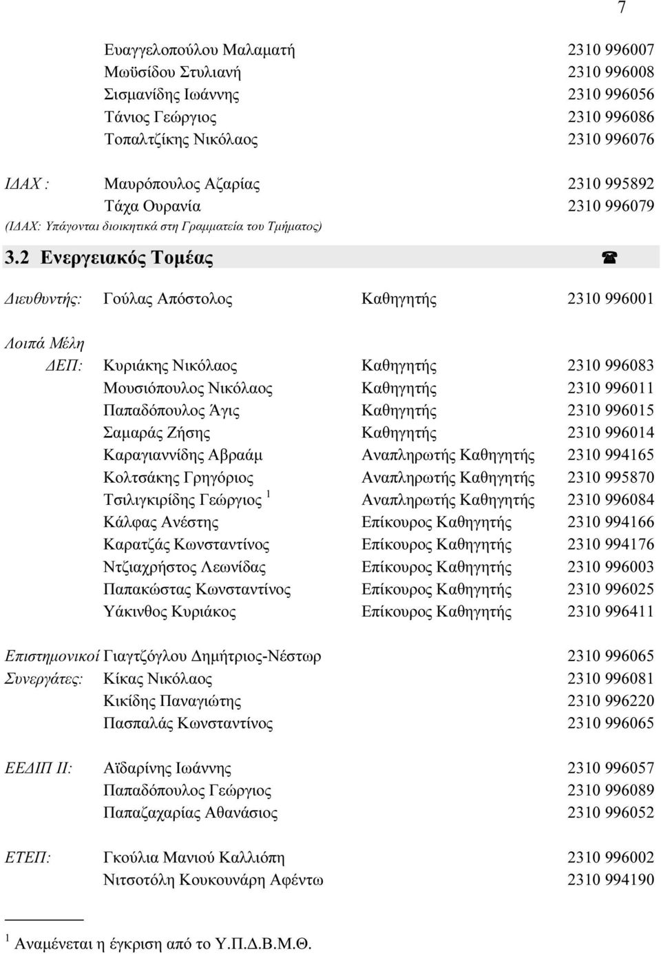 2 Ενεργειακός Τομέας Διευθυντής: Γούλας Απόστολος Καθηγητής 2310 996001 Λοιπά Μέλη ΔΕΠ: Κυριάκης Νικόλαος Καθηγητής 2310 996083 Μουσιόπουλος Νικόλαος Καθηγητής 2310 996011 Παπαδόπουλος Άγις Καθηγητής