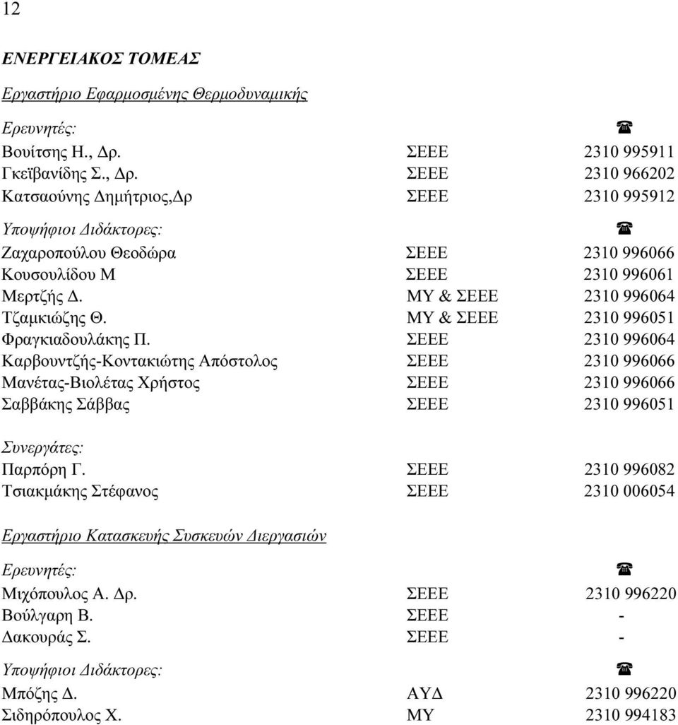 ΜΥ & ΣΕΕΕ 2310 996064 Τζαμκιώζης Θ. ΜΥ & ΣΕΕΕ 2310 996051 Φραγκιαδουλάκης Π.