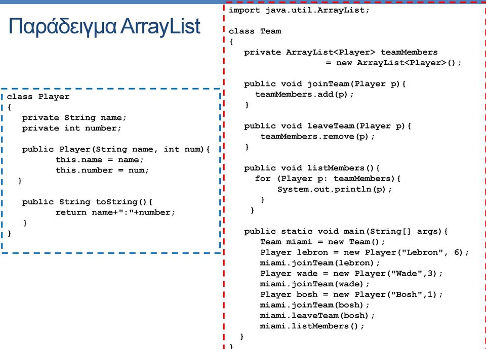 arraylist; class Team { private ArrayList<Player> teammembers = new ArrayList<Player>(); public void jointeam(player p){ teammembers.add(p); public void leaveteam(player p){ teammembers.