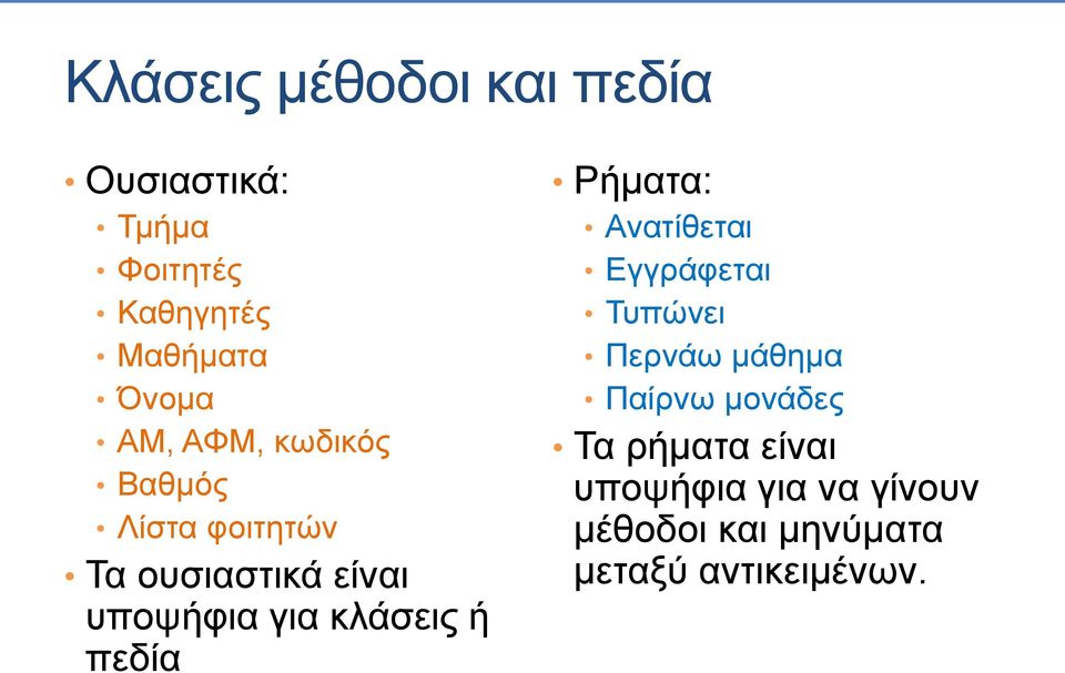 κλάσεις ή πεδία Ρήματα: Ανατίθεται Εγγράφεται Τυπώνει Περνάω μάθημα Παίρνω