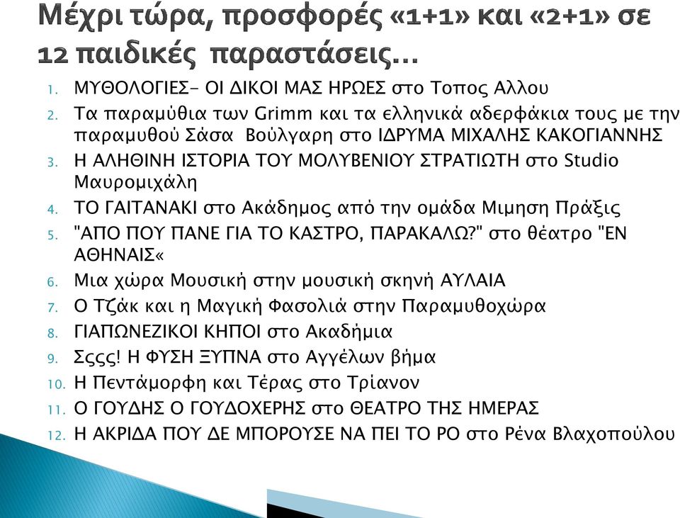 Η ΑΛΗΘΙΝΗ ΙΣΤΟΡΙΑ ΤΟΥ ΜΟΛΥΒΕΝΙΟΥ ΣΤΡΑΤΙΩΤΗ στο Studio Μαυρομιχάλη 4. ΤΟ ΓΑΙΤΑΝΑΚΙ στο Ακάδημος από την ομάδα Μιμηση Πράξις 5. "ΑΠΟ ΠΟΥ ΠΑΝΕ ΓΙΑ ΤΟ ΚΑΣΤΡΟ, ΠΑΡΑΚΑΛΩ?