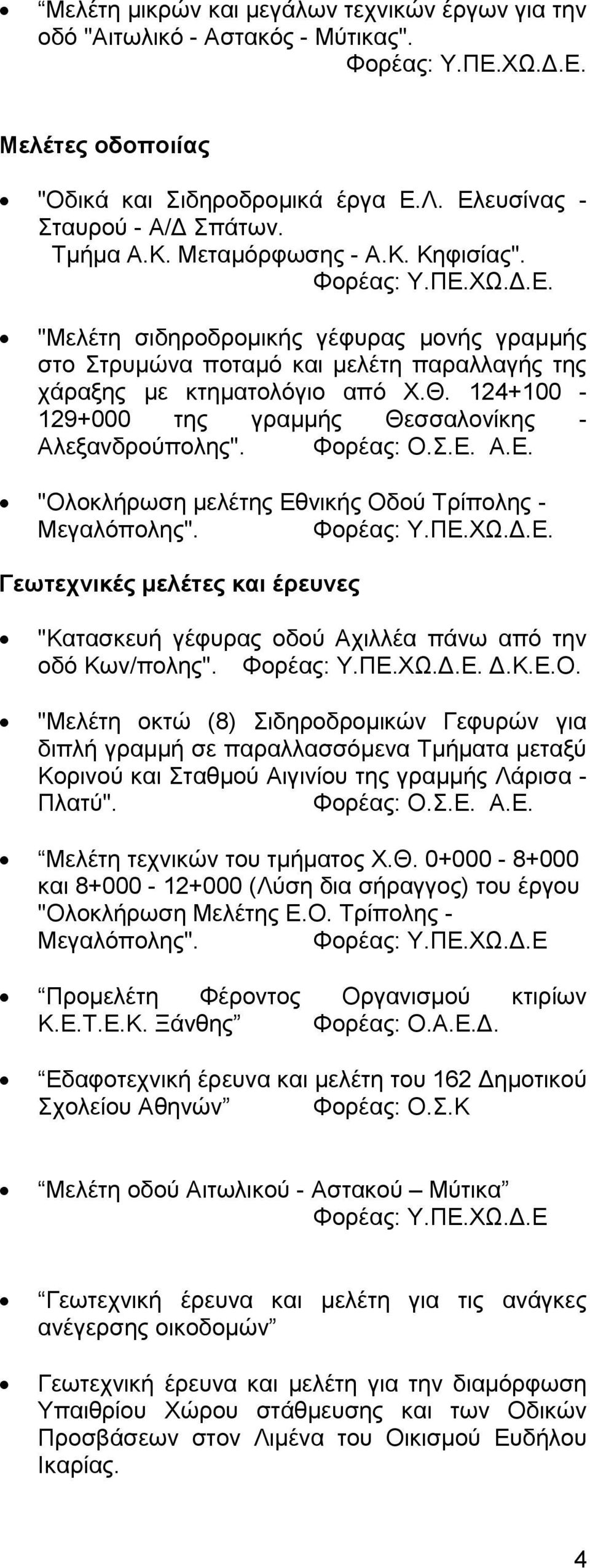 Φορέας: Ο.Σ.Ε. Α.Ε. "Ολοκλήρωση μελέτης Εθνικής Οδού Τρίπολης - Μεγαλόπολης". Γεωτεχνικές μελέτες και έρευνες "Κατασκευή γέφυρας οδού Αχιλλέα πάνω από την οδό Κων/πολης". Δ.Κ.Ε.Ο. "Μελέτη οκτώ (8) Σιδηροδρομικών Γεφυρών για διπλή γραμμή σε παραλλασσόμενα Τμήματα μεταξύ Κορινού και Σταθμού Αιγινίου της γραμμής Λάρισα - Πλατύ".