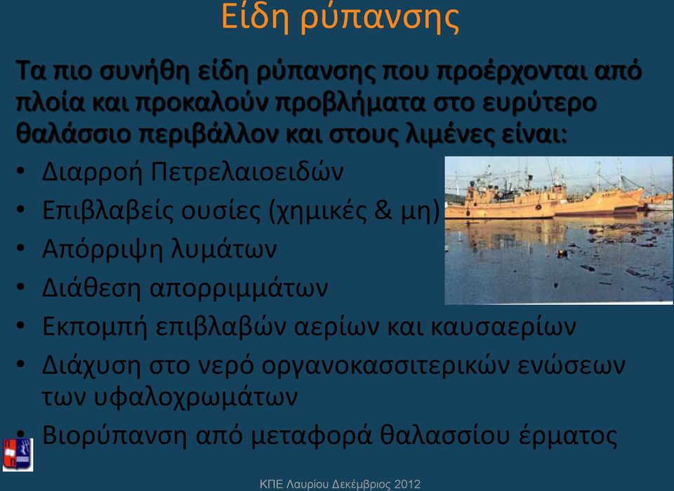 (χημικές & μη) Απόρριψη λυμάτων Διάθεση απορριμμάτων Εκπομπή επιβλαβών αερίων και καυσαερίων