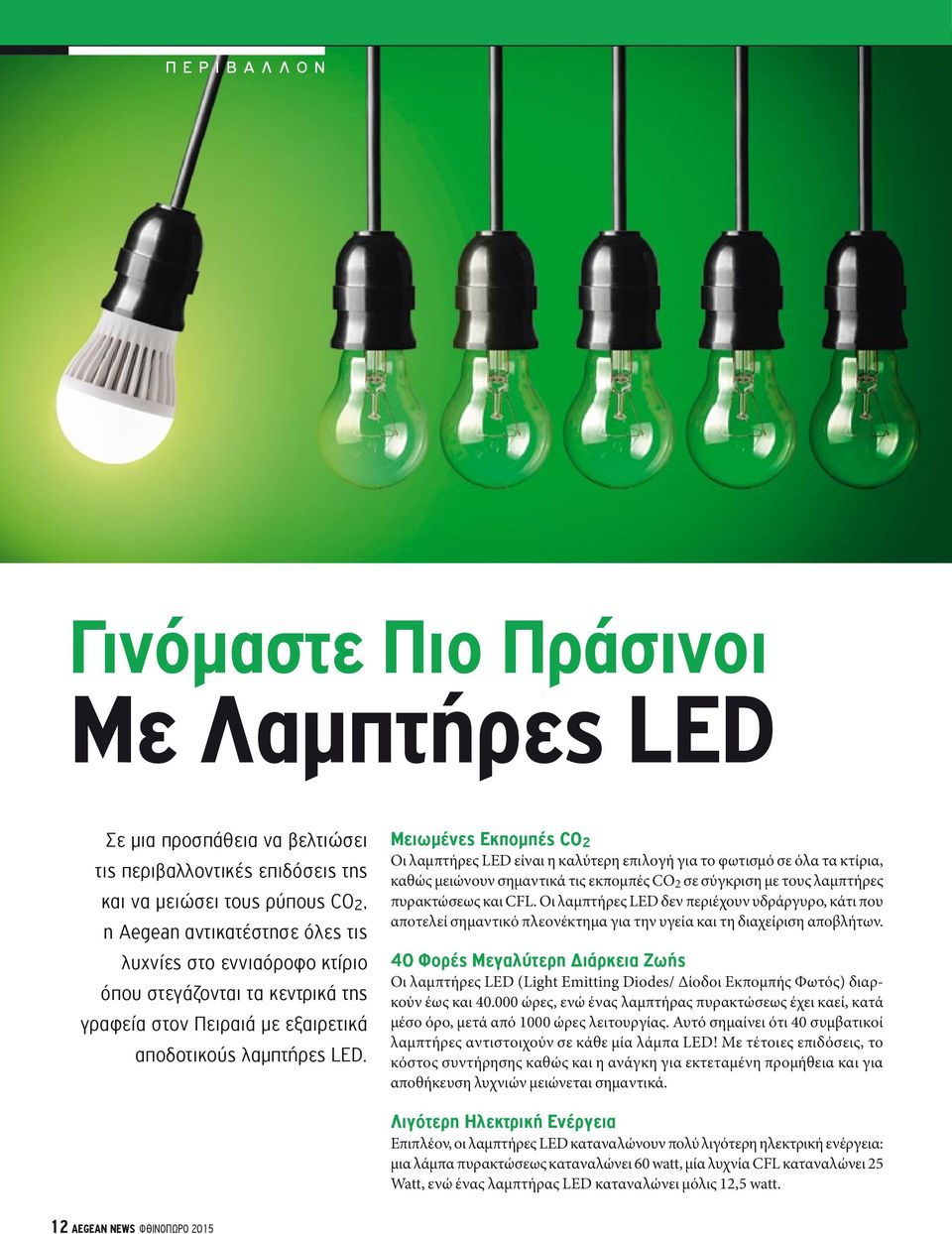 Μειωμένες Εκπομπές CO 2 Οι λαμπτήρες LED είναι η καλύτερη επιλογή για το φωτισμό σε όλα τα κτίρια, καθώς μειώνουν σημαντικά τις εκπομπές CO 2 σε σύγκριση με τους λαμπτήρες πυρακτώσεως και CFL.