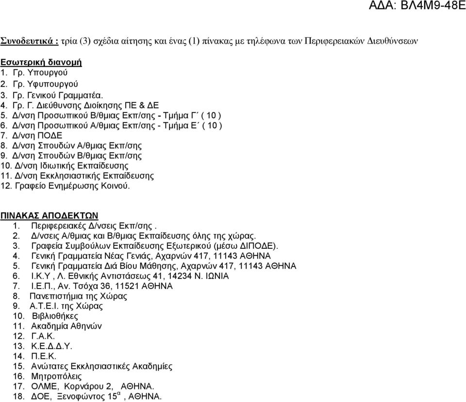Δ/νση Ιδιωτικής Εκπαίδευσης 11. Δ/νση Εκκλησιαστικής Εκπαίδευσης 12. Γραφείο Ενημέρωσης Κοινού. ΠΙΝΑΚΑΣ ΑΠΟΔΕΚΤΩΝ 1. Περιφερειακές Δ/νσεις Εκπ/σης. 2.
