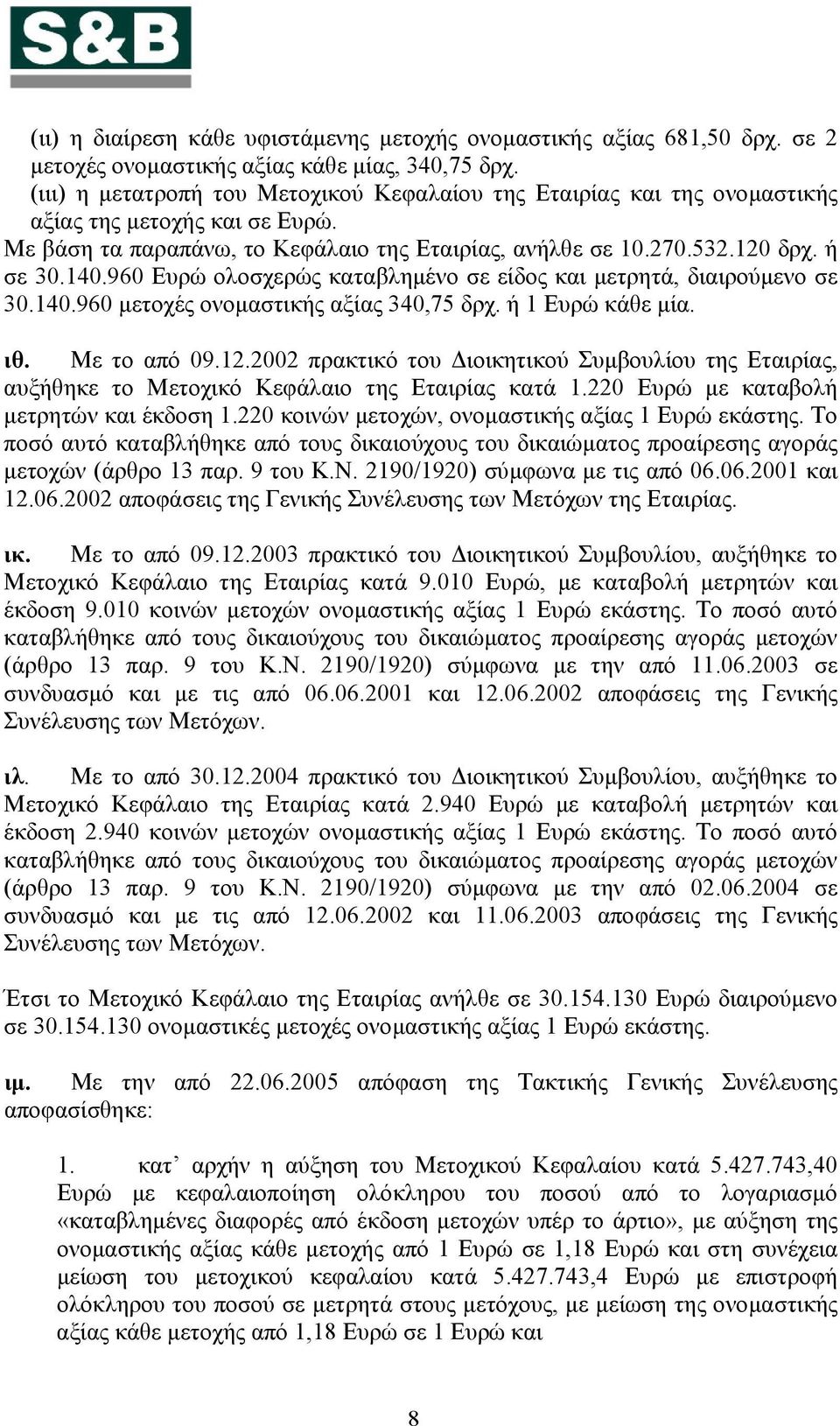 960 Ευρώ ολοσχερώς καταβλημένο σε είδος και μετρητά, διαιρούμενο σε 30.140.960 μετοχές ονομαστικής αξίας 340,75 δρχ. ή 1 Ευρώ κάθε μία. ιθ. Με το από 09.12.