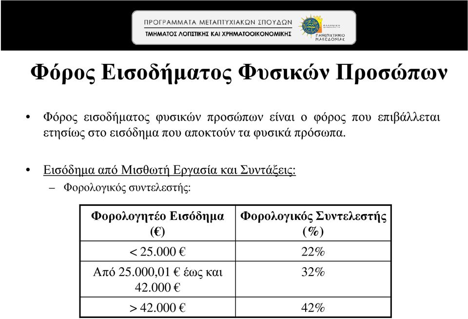 Εισόδηµα από Μισθωτή Εργασία και Συντάξεις: Φορολογικός συντελεστής: Φορολογητέο