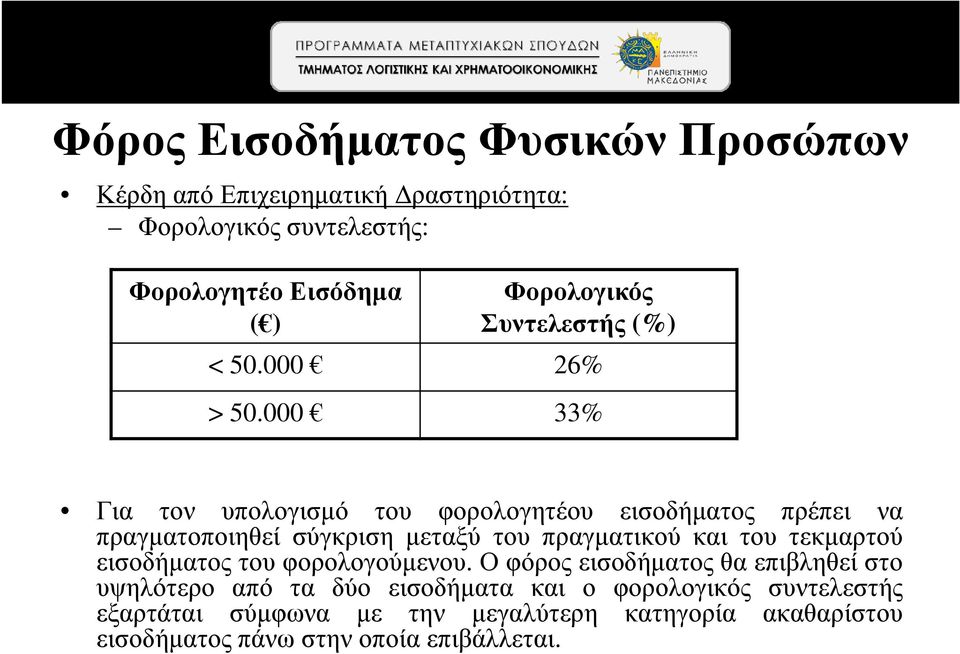 000 33% Για τον υπολογισµό του φορολογητέου εισοδήµατος πρέπει να πραγµατοποιηθεί σύγκριση µεταξύ του πραγµατικού και του τεκµαρτού