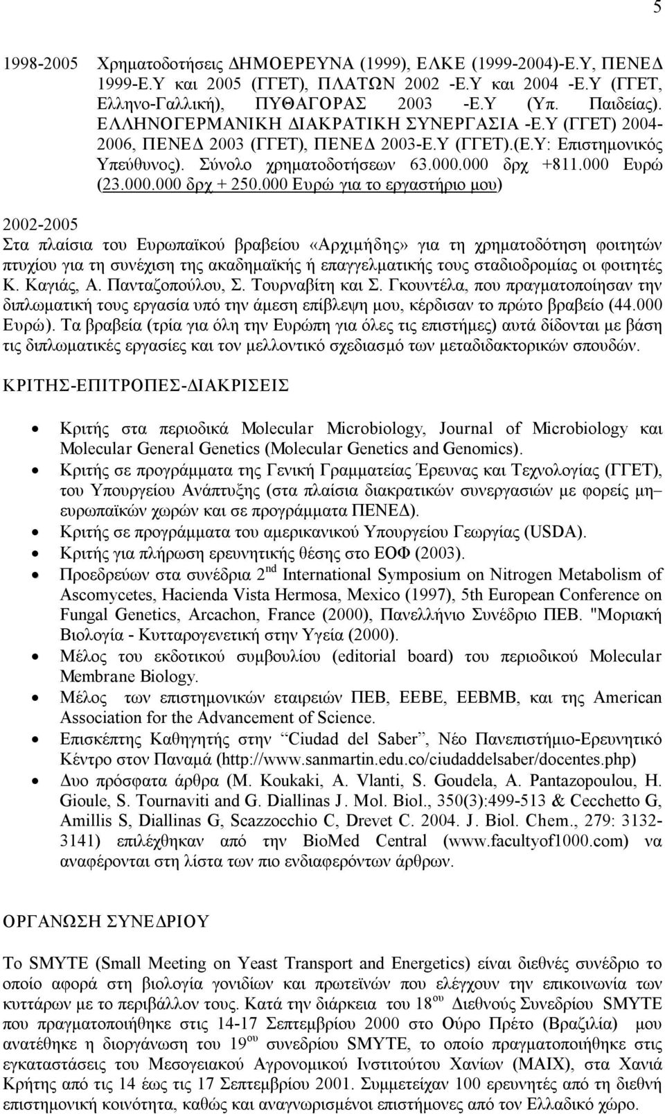 000 Ευρώ για το εργαστήριο μου) 2002 2005 Στα πλαίσια του Ευρωπαϊκού βραβείου «Αρχιμήδης» για τη χρηματοδότηση φοιτητών πτυχίου για τη συνέχιση της ακαδημαϊκής ή επαγγελματικής τους σταδιοδρομίας οι
