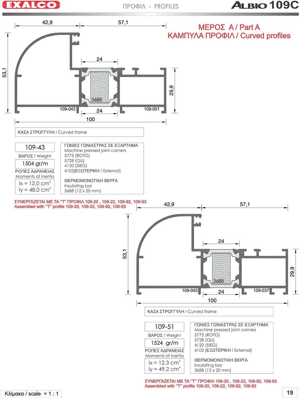 109-0, 109-, 109-9, 109-93 Assembled with T profile 109-0, 109-, 109-9, 109-93 3688 109-03 109-037 ΚΑΣΑ ΣΤΡΟΓΓΥΛΗ / Curved frame 109-51 15 gr/m ΡΟΠΕΣ ΑΔΡΑΝΕΙΑΣ Moments of Inertia Ix = 1,3 cm Iy = 9,