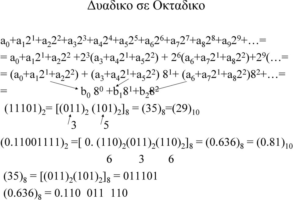 1 + (a 6 +a 7 2 1 +a 8 2 2 )8 2 + = = b 0 8 0 +b 1 8 1 +b 2 8 2 (11101) 2 = [(011) 2 (101) 2 ] 8 = (35) 8 =(29) 10 3 5 (0.