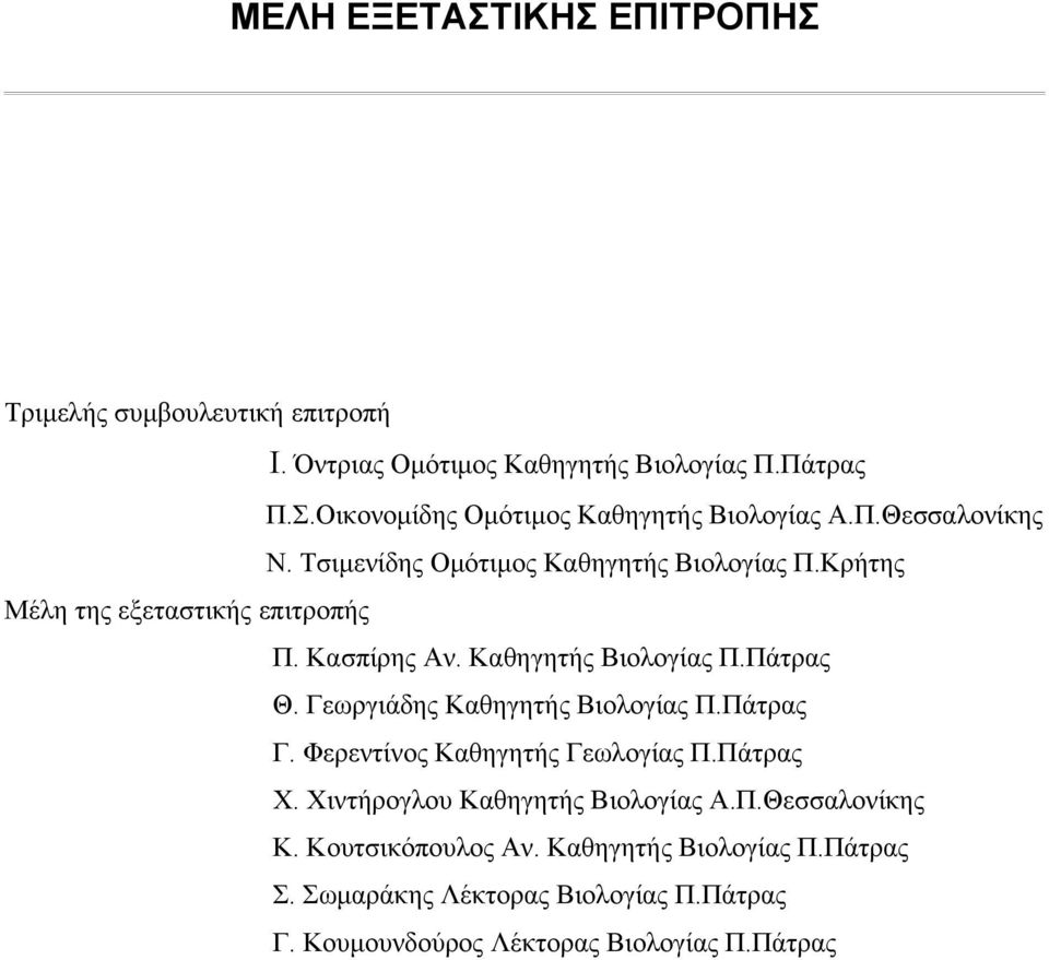 Γεωργιάδης Καθηγητής Βιολογίας Π.Πάτρας Γ. Φερεντίνος Καθηγητής Γεωλογίας Π.Πάτρας Χ. Χιντήρογλου Καθηγητής Βιολογίας Α.Π.Θεσσαλονίκης Κ.