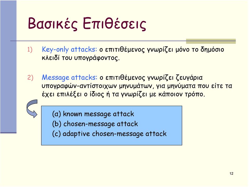 2) Message attacks: ο επιτιθέμενος γνωρίζει ζευγάρια υπογραφών-αντίστοιχων μηνυμάτων,