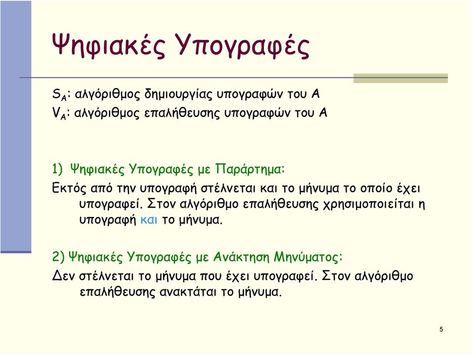 υπογραφεί. Στον αλγόριθμο επαλήθευσης χρησιμοποιείται η υπογραφή και το μήνυμα.