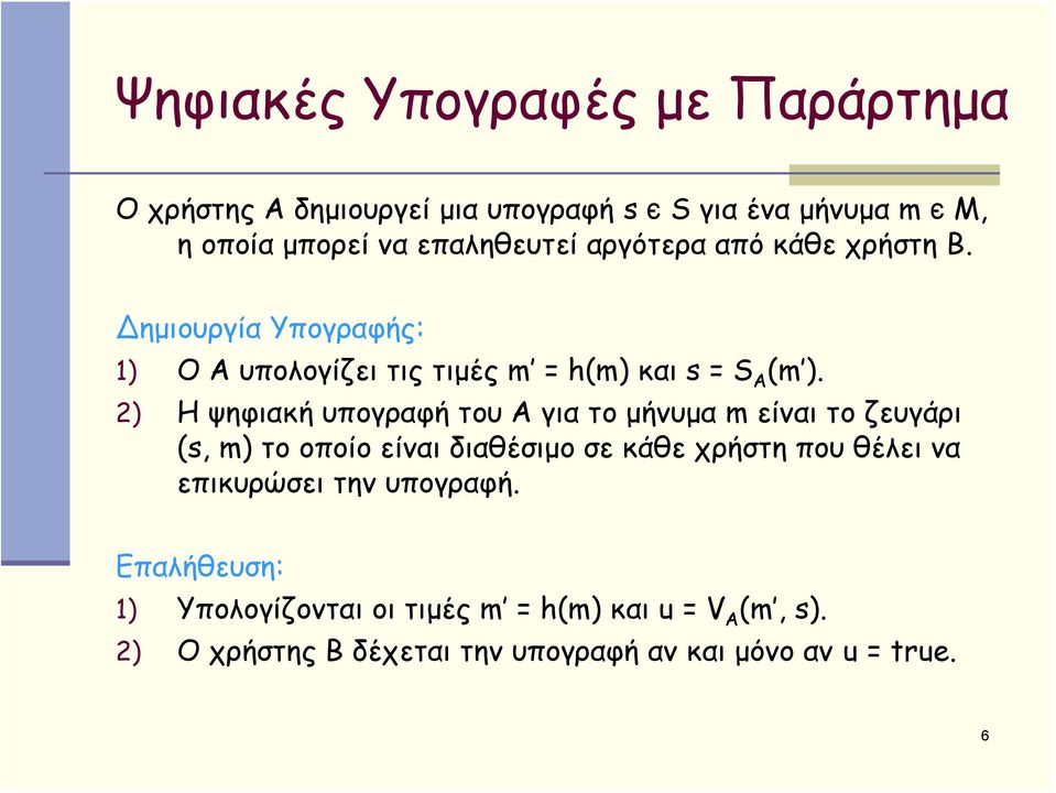 2) Η ψηφιακή υπογραφή του Α για το μήνυμα m είναι το ζευγάρι (s, m) το οποίο είναι διαθέσιμο σε κάθε χρήστη που θέλει να