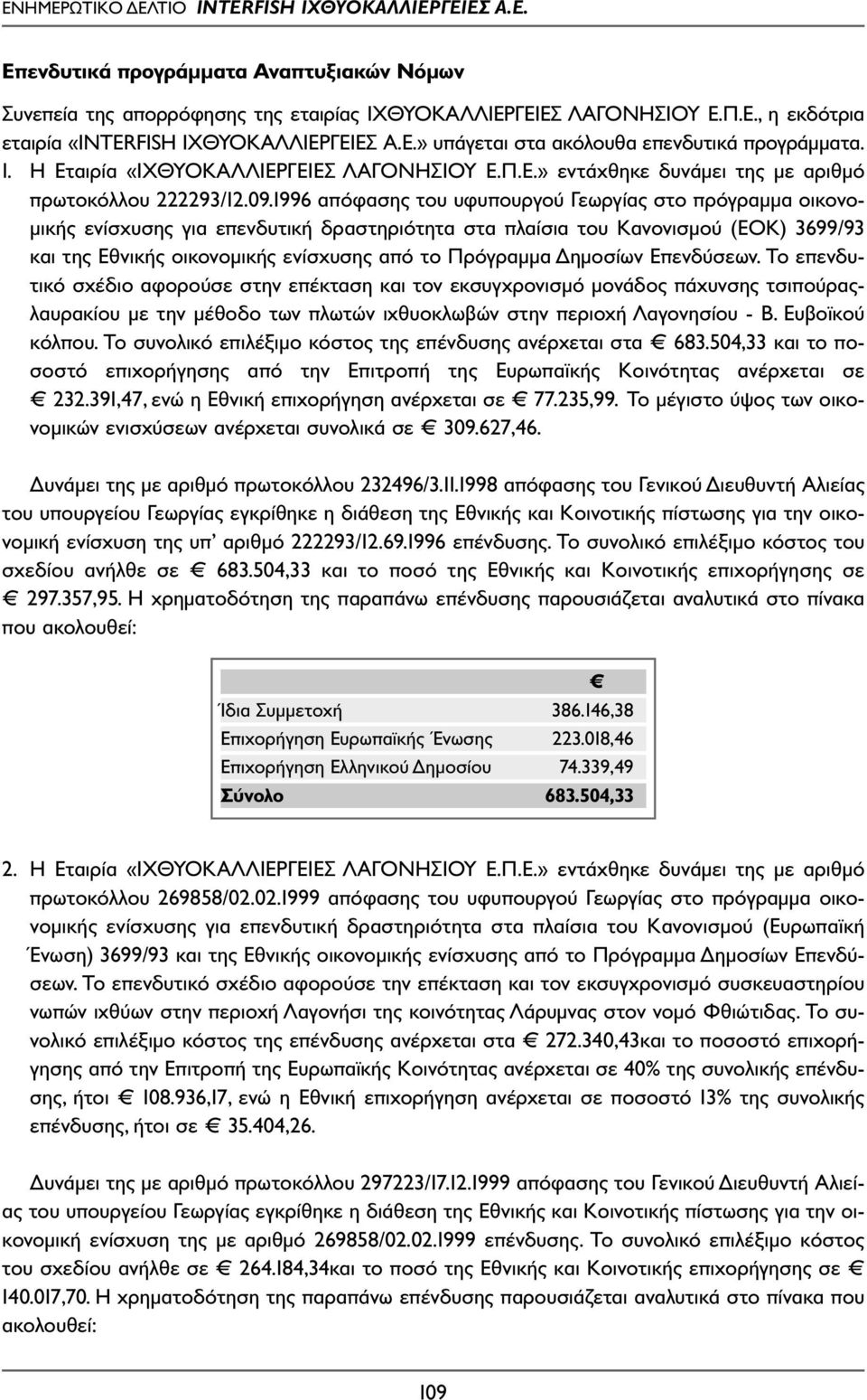1996 απόφασης του υφυπουργού Γεωργίας στο πρόγραµµα οικονο- µικής ενίσχυσης για επενδυτική δραστηριότητα στα πλαίσια του Κανονισµού (ΕΟΚ) 3699/93 και της Εθνικής οικονοµικής ενίσχυσης από το