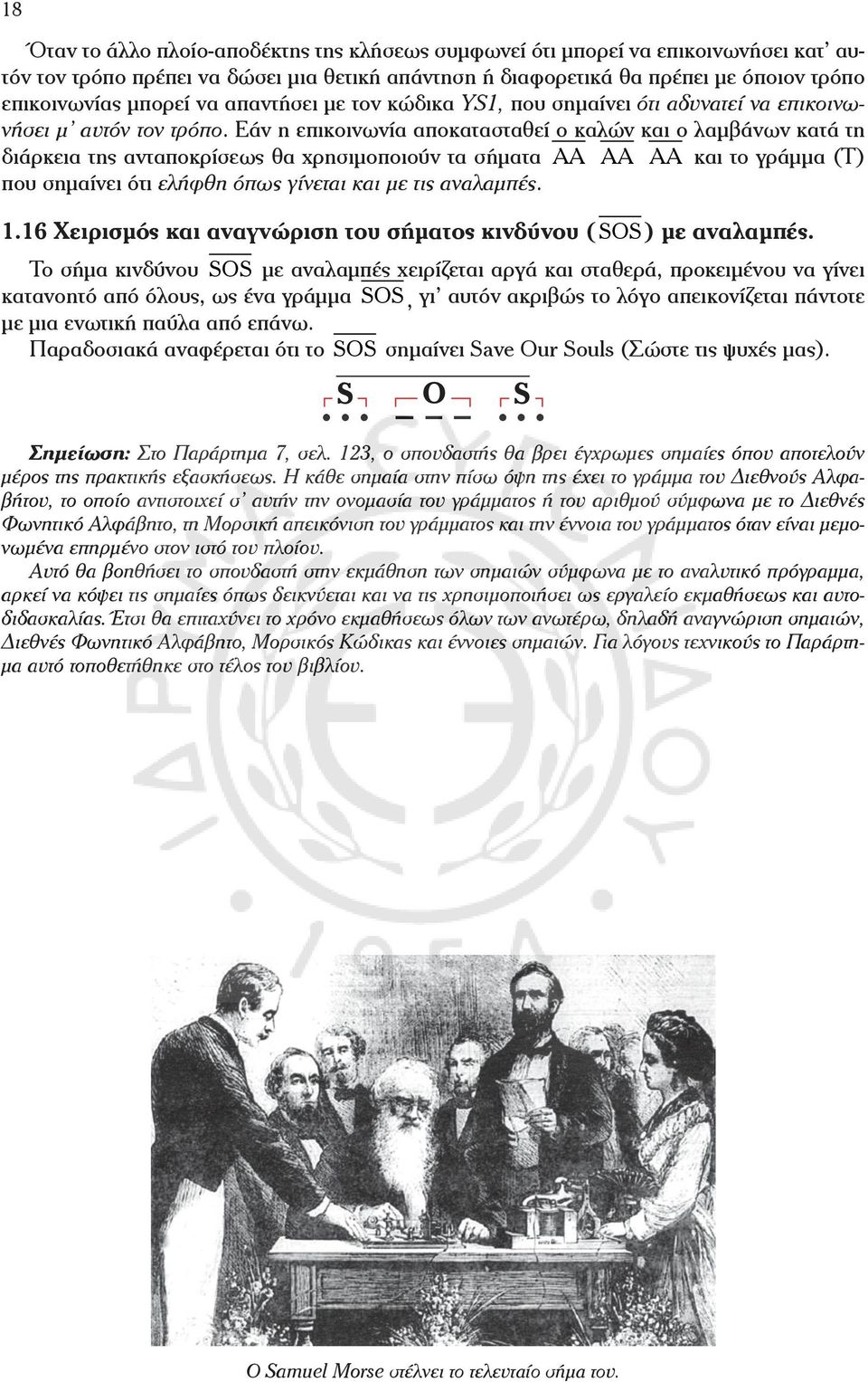 σήματα AA AA AA και το γράμμα (Τ) που σημαίνει ότι ελήφθη όπως γίνεται και με τις αναλαμπές 116 Χειρισμός και αναγνώριση του σήματος κινδύνου ( SOS) με αναλαμπές Το σήμα κινδύνου SOS με αναλαμπές