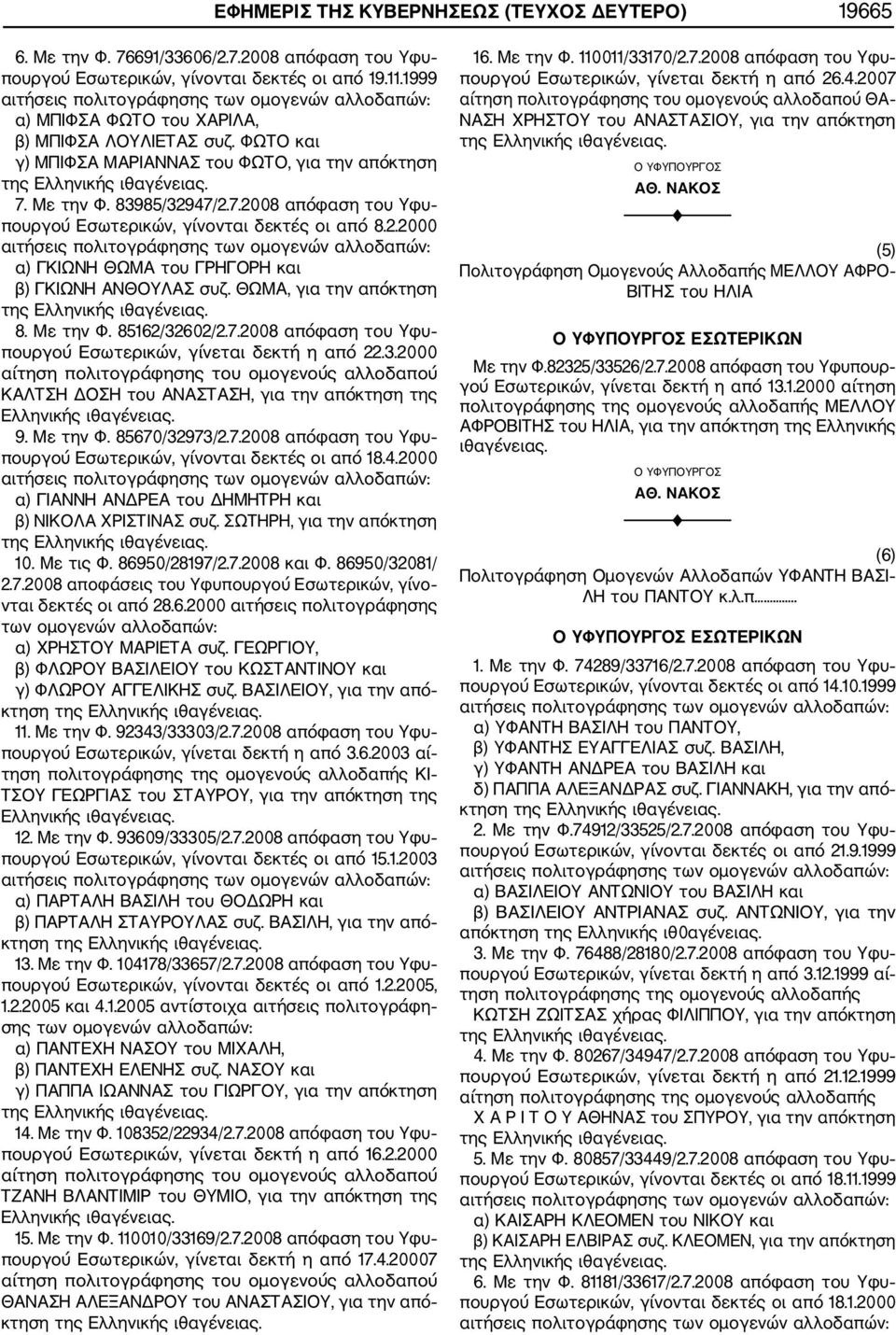 2.2000 α) ΓΚΙΩΝΗ ΘΩΜΑ του ΓΡΗΓΟΡΗ και β) ΓΚΙΩΝΗ ΑΝΘΟΥΛΑΣ συζ. ΘΩΜΑ, για την απόκτηση 8. Με την Φ. 85162/32602/2.7.2008 απόφαση του Υφυ πουργού Εσωτερικών, γίνεται δεκτή η από 22.3.2000 ΚΑΛΤΣΗ ΔΟΣΗ του ΑΝΑΣΤΑΣΗ, για την απόκτηση της 9.