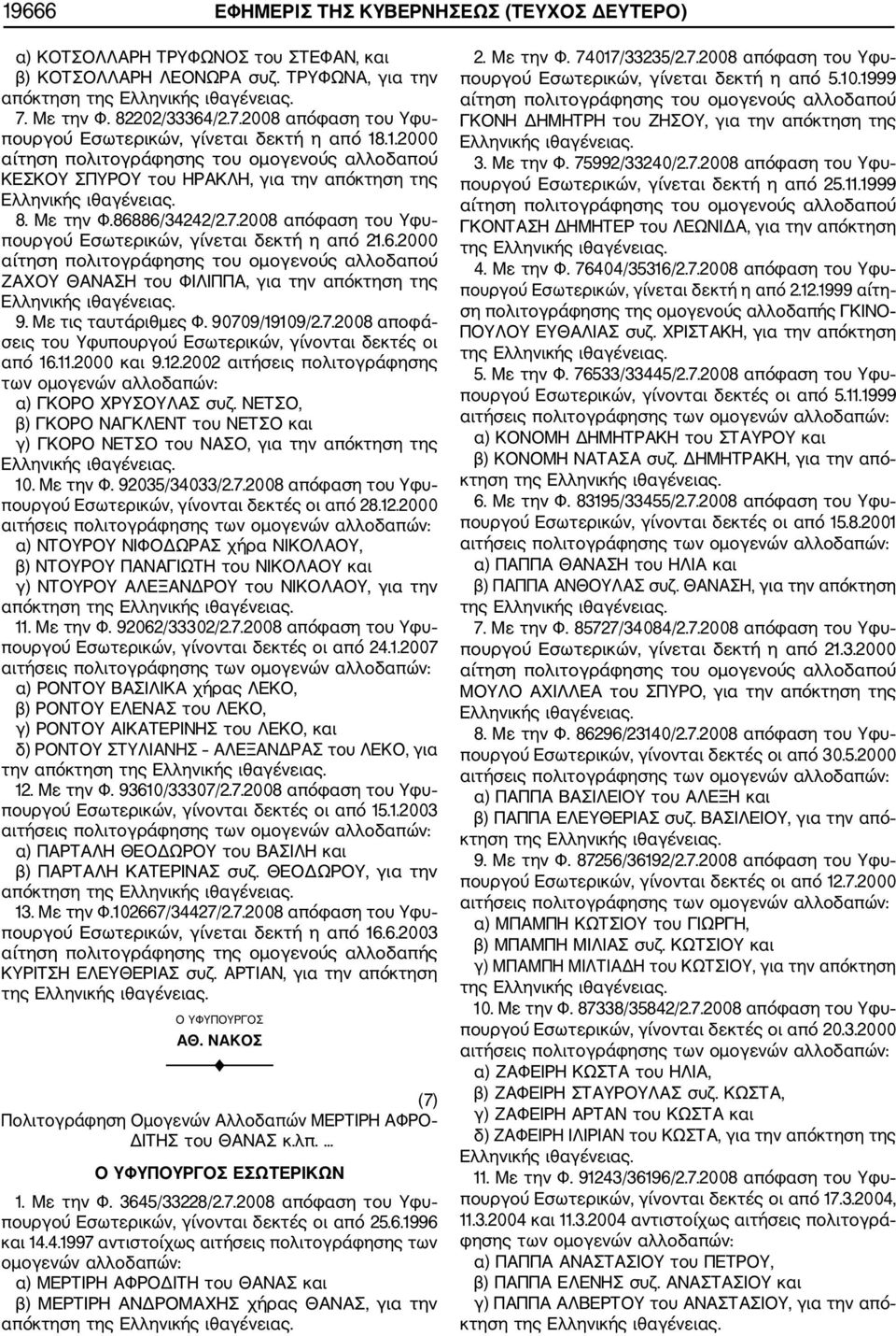6.2000 ΖΑΧΟΥ ΘΑΝΑΣΗ του ΦΙΛΙΠΠΑ, για την απόκτηση της 9. Με τις ταυτάριθμες Φ. 90709/19109/2.7.2008 αποφά σεις του Υφυπουργού Εσωτερικών, γίνονται δεκτές οι από 16.11.2000 και 9.12.