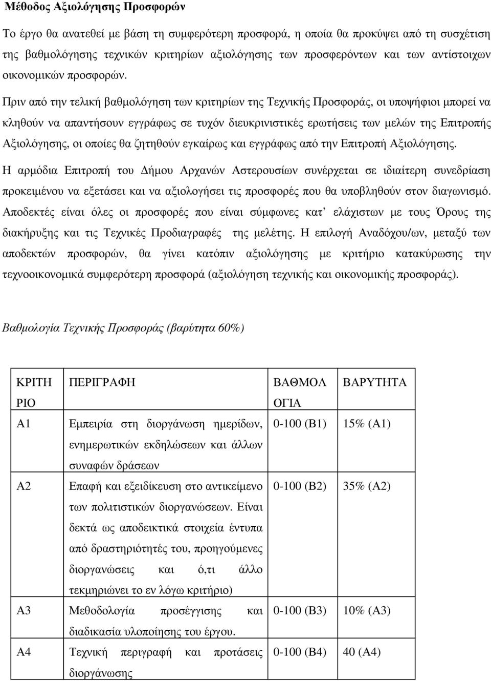 Πριν από την τελική βαθµολόγηση των κριτηρίων της Τεχνικής Προσφοράς, οι υποψήφιοι µπορεί να κληθούν να απαντήσουν εγγράφως σε τυχόν διευκρινιστικές ερωτήσεις των µελών της Επιτροπής Αξιολόγησης, οι
