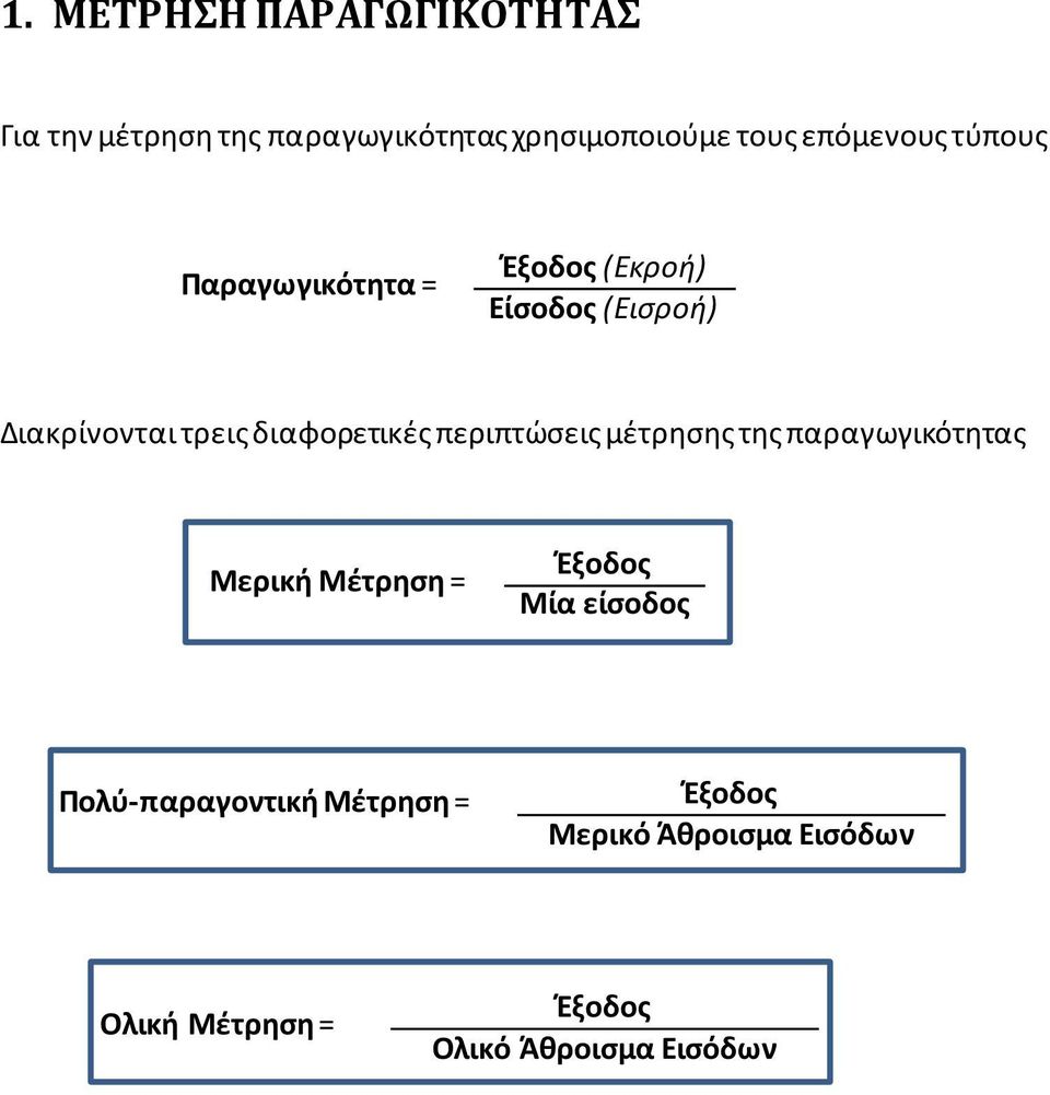 διαφορετικές περιπτώσεις μέτρησης της παραγωγικότητας Μερική Μέτρηση = Έξοδος Μία είσοδος