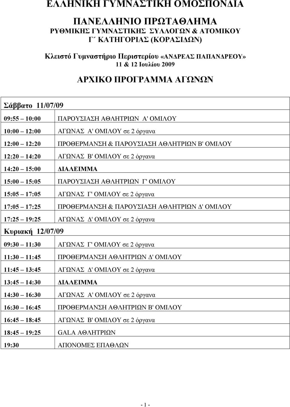 όργανα 14:0 15:00 ΔΙΑΛΕΙΜΜΑ 15:00 15:05 ΠΑΡΟΥΣΙΑΣΗ ΑΘΛΗΤΡΙΩΝ Γ' ΟΜΙΛΟΥ 15:05 17:05 ΑΓΩΝΑΣ Γ' ΟΜΙΛΟΥ σε όργανα 17:05 17:5 ΠΡΟΘΕΡΜΑΝΣΗ & ΠΑΡΟΥΣΙΑΣΗ ΑΘΛΗΤΡΙΩΝ Δ' ΟΜΙΛΟΥ 17:5 19:5 ΑΓΩΝΑΣ Δ' ΟΜΙΛΟΥ σε