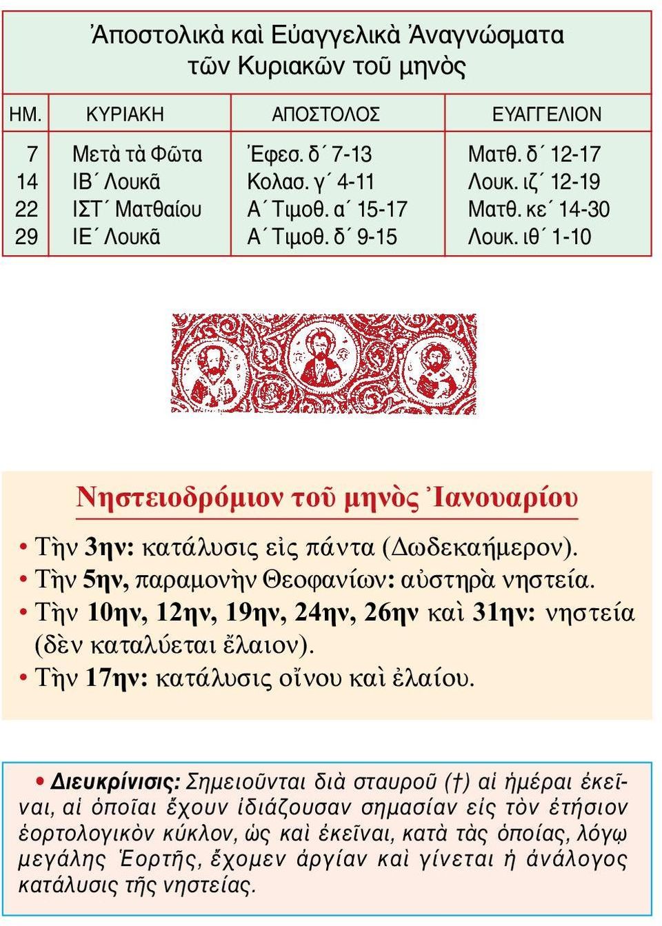 Τὴν 5ην, παραμονὴν Θεοφανίων: αὐστηρὰ νηστεία. Τὴν 10ην, 12ην, 19ην, 24ην, 26ην καὶ 31ην: νηστεία (δὲν καταλύεται ἔλαιον). Τὴν 17ην: κατάλυσις οἴνου καὶ ἐλαίου.